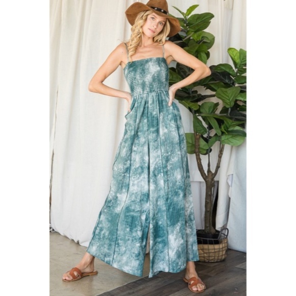 Green Tie Dye Wide Palazzo Flare Leg Smocked Bohemian Casual Jumpsuit w/ Pockets - Picture 10 of 13